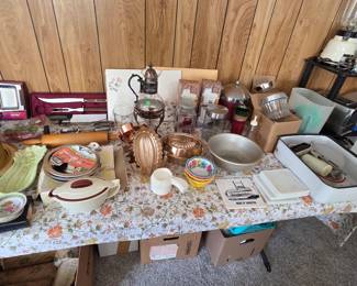 copper-tone aluminum jello mold set, vintage carafe & warmer stand, "Queen of Saugatuck" trivet and more