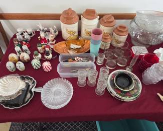 assortment of salt & pepper shakers and vintage ceramic canister set