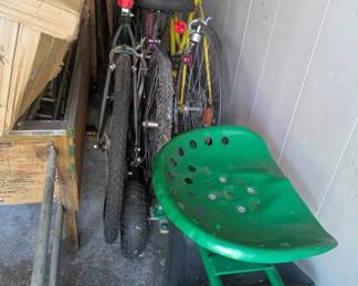 Vintage Schwinn Bikes and rolling garden work seat 