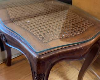 Each/2 avai. Vintage French Provincial Style Wood and Cane Side Table with Glass Top
