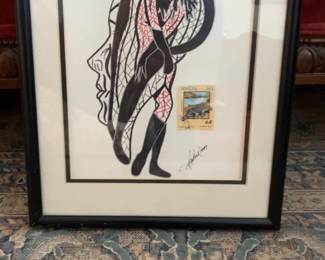 Original Surrealist Ink Drawing with Postage Stamp Collage Signed COA