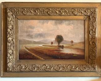 30”x22.5” Vintage Landscape Oil Painting in Ornate Gilded Frame