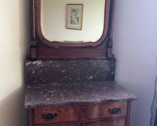 Victorian Style Walnut Marble Top Sideboard with Mirror