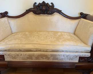64”x21” Vintage Victorian Style Carved Wood Settee with Floral Damask Upholstery