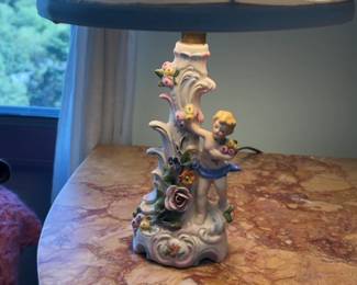 Pair of German Porcelain Cherub Table Lamps with Applied Flowers