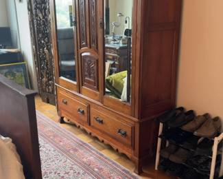 60”x20”x83” French Antique Style Carved Oak Wardrobe with Beveled Mirrors