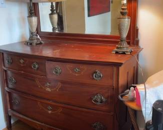 52”x24”x64” As Is Vintage Inlaid Mahogany Serpentine Dresser with Mirror