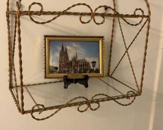 Vintage Brass Wire Hanging Wall Shelf with Glass Base
