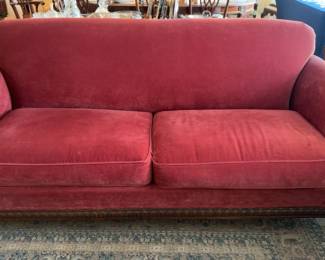 85”x35”x32” Vintage Red Velvet Sofa with Carved Wood Trim