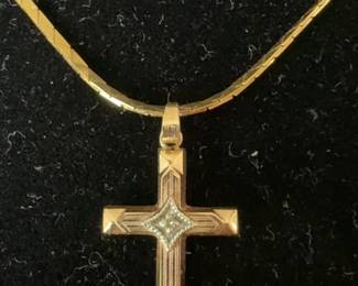 14k Gold Flat Herringbone Chain with Cross Pendant
