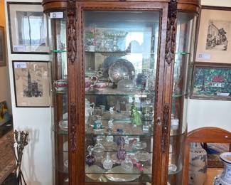 48”x78”x20” Ornate Antique Carved Wood Curio Cabinet with Glass Shelves