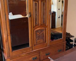 60”x20”x83” French Antique Style Carved Oak Wardrobe with Beveled Mirrors