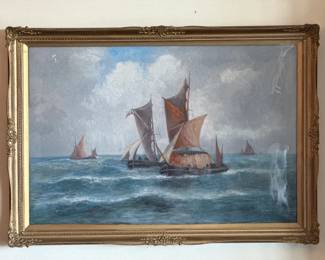 34”x24” Original Painting by F.C. Hines “Harbour scene" - Professionally Framed