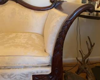 64”x21” Vintage Victorian Style Carved Wood Settee with Floral Damask Upholstery