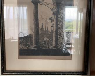 Framed Etching of European Cityscape with Gothic Architecture