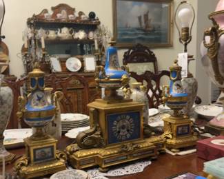 17.5”x27” As Is Antique French Sèvres Style Gilt Bronze Mantle Clock and Garniture Set