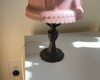 Vintage Pink Milk Glass Table Lamp with Ornate Metal Base
