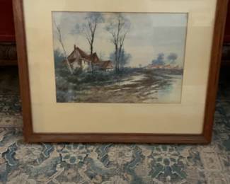 Framed Landscape Watercolor Painting of a Countryside Cottage