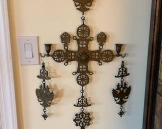 Brass Eastern Orthodox hanging wall cross and candle holder