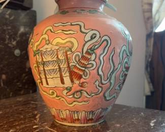 Chinese Famille Rose Pink Ceramic Vase with Floral and Ribbon Motif