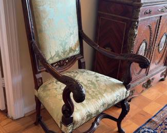 (each/2 avail) 53”x28”x26” Carved Regence Style Armchair