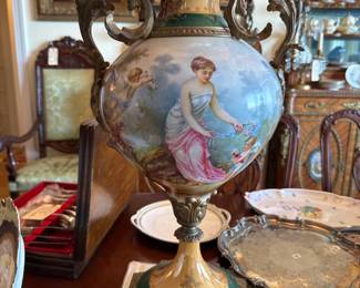 24.5” Vintage Hand-Painted Sevre Style Neoclassical Ceramic Urn with Gilt Accents