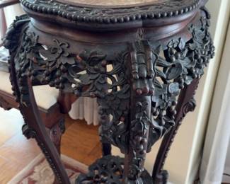 36”x16” Ornate Hand-Carved Chinese Rosewood Pedestal Table with Marble Inset