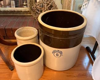 Six Gallon brown and cream Eagle Crock, 2 gallon and 1 gallon crocks
