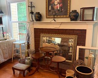 Three tier antique plant stand, vintage stools, vintage decor