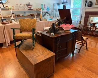 Several chests, nightstands, toy chest, child's rocker, folding antique campaign chair, Fenton pink bowl