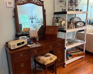 Antique dressing table, Bose Radio, Embroidered Rooster stool, Lots of silver plate 