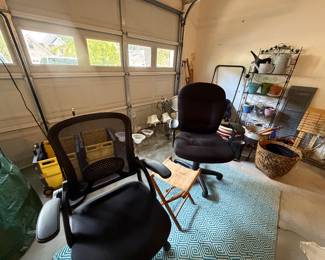 Office chairs, camping stool, garden pots
