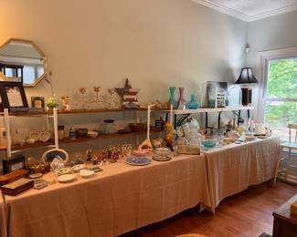 Vintage collectibles, cloches, Waterford apple, lamps, studio pottery