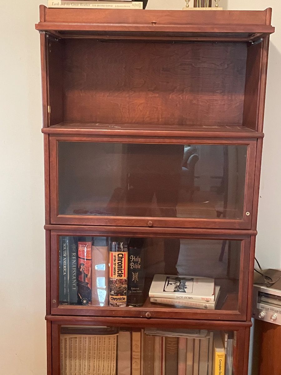 Barrister bookcase: Hale of Herkimer NY stacking barrister bookcase, glass lift-up doors, 5 sections