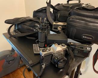 Cameras: Pentax and Canon 35mm film cameras, binoculars, camera bags