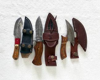 Damascus Steel Knives with Leather Sheaths