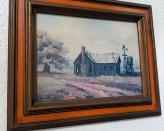 Vintage framed print of an old rural homestead with wood frame