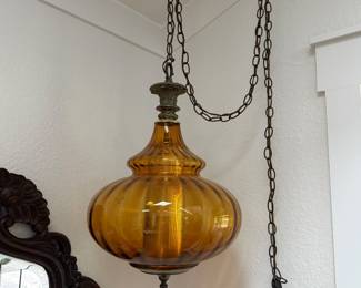 Vintage mid-century modern amber glass ribbed swag pendant lamp