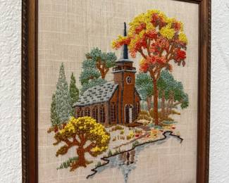 Vintage “Little Church by the Lake” embroidered piece with wood frame