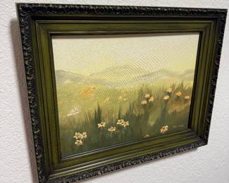 Vintage pasture painting with wood frame