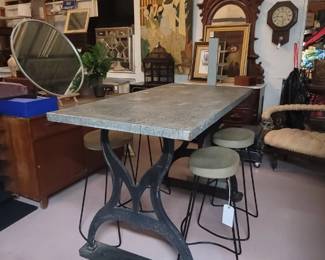 Antique Galvanized Work Table with embossed Brooklyn NY Cast-Iron Legs Industrial Bar Table