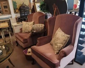 Set of Vintage Velvet Rose wingback chairs 