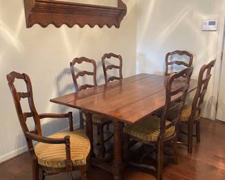 Hardwood dropleaf table with matching shelf and 6 upholstered chairs