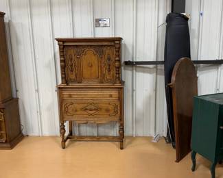 Carved Oak Two-Piece Cabinet