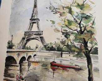 French Watercolor. Handpainted, signed Art
