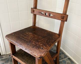 Victorian Gothic Revival metamorphic oak library steps convertible to side chair, late 19th century.