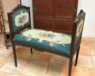 Antique Louis XVI style window bench with needlepoint upholstery.