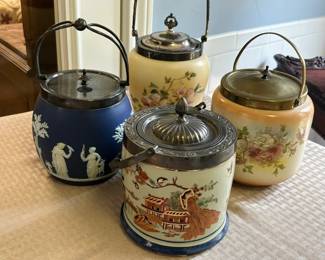 Fabulous collection of antique/vintage English biscuit barrels.