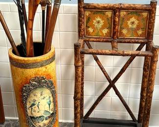 Lots of wonderful chinoiserie style décor including this ceramic umbrella stand and antique English burnt bamboo stick stand.