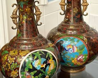 Outstanding collection of vintage and antique Asian furniture and décor including this pair of impressive cloisonné vases.